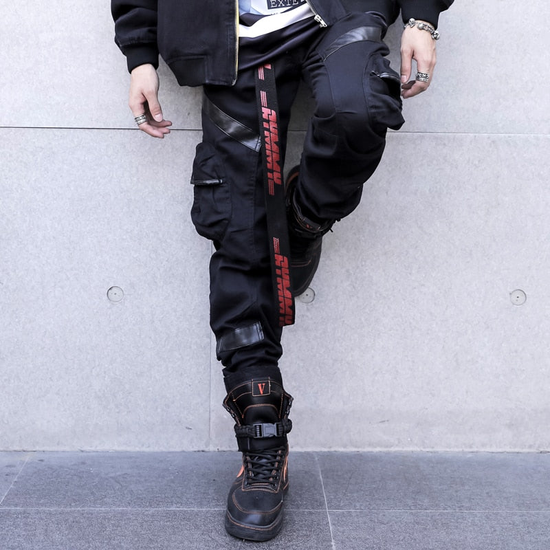 Men High Street Fashion Leather Pocket Splice Casual Cargo Pant - WOMONA.COM