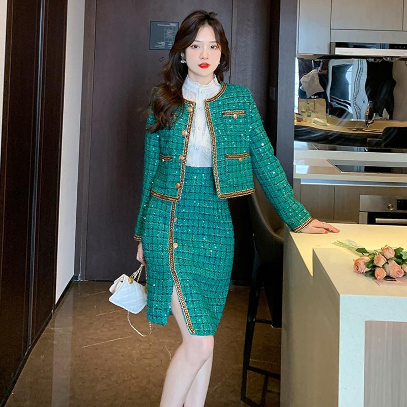 Elegant Green Tweed Coat Irregular Sheath Skirt Suit - WOMONA.COM