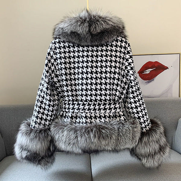 Women's Short Houndstooth Fur Collar Silver Fox Fur Jacket - WOMONA.COM