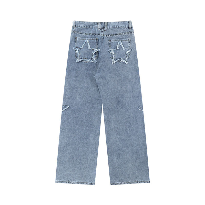 Five-pointed Star Affixed Cloth Embroidered Jeans For Women - WOMONA.COM