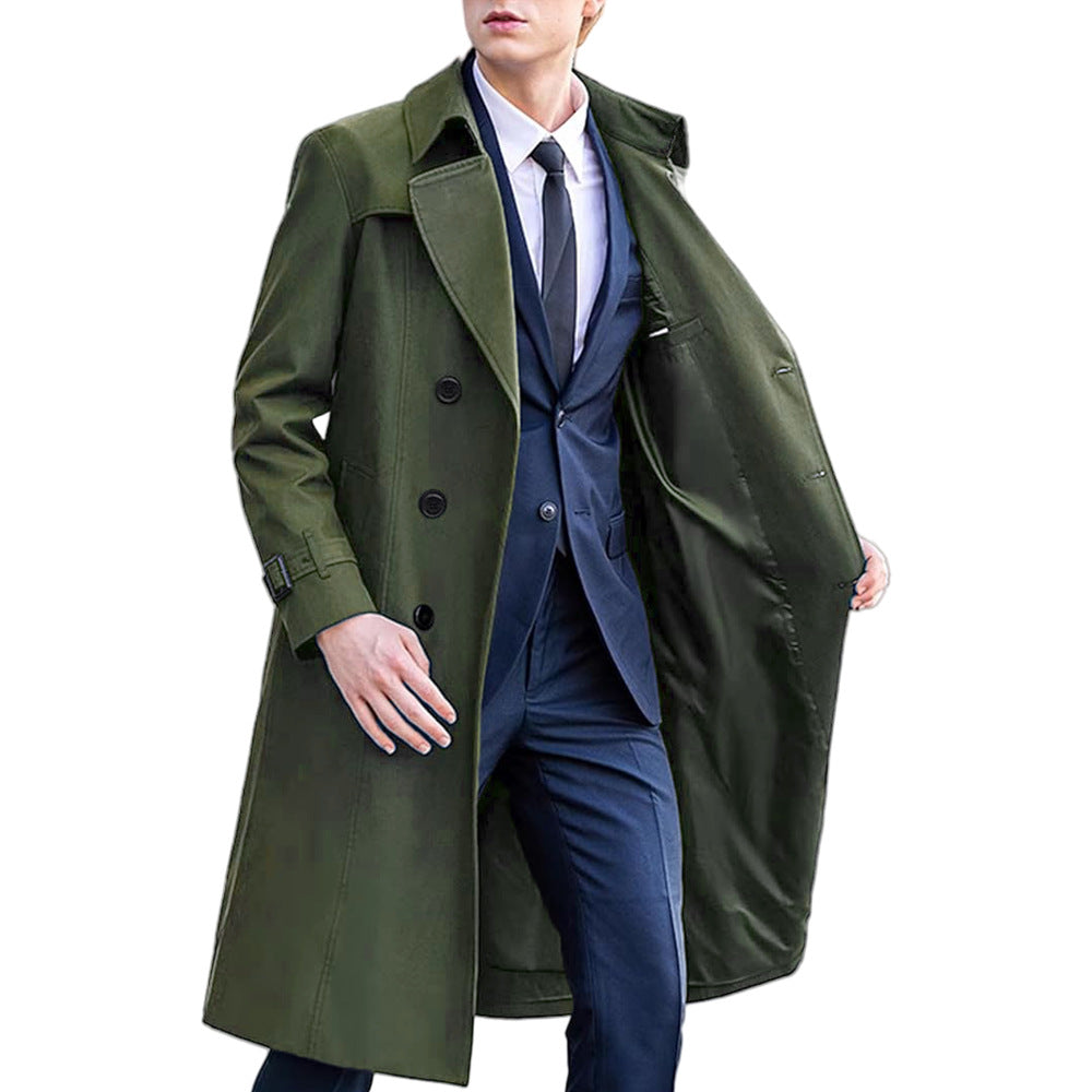 Long double-breasted trench coat in army green with belt and shoulder epaulets