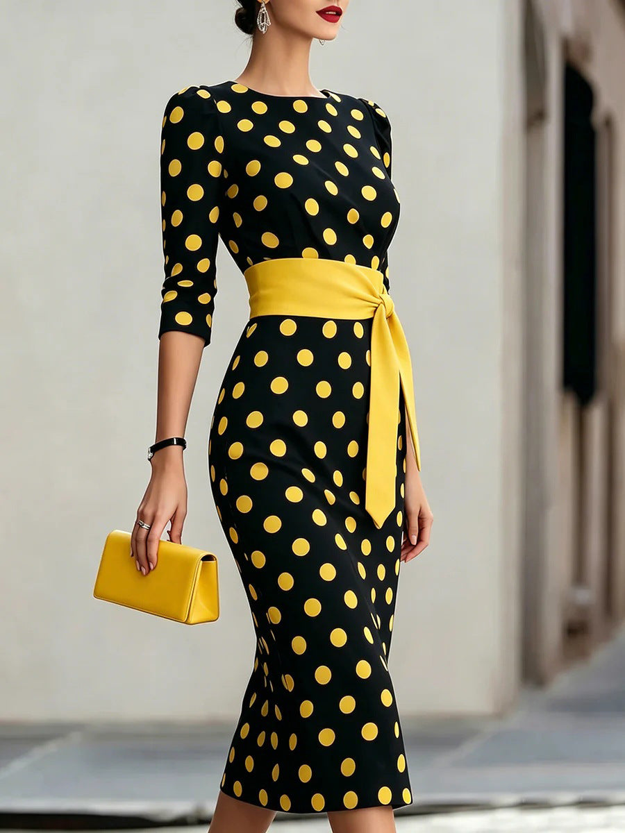 Women's polka-dot tie-waist bodycon midi dress