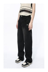 Straight Wide Leg Black Denim Fashionable Trousers - WOMONA.COM