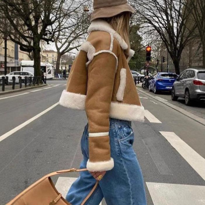 Khaki hooded short coat with contrast white faux-fur lining and cropped sleeves