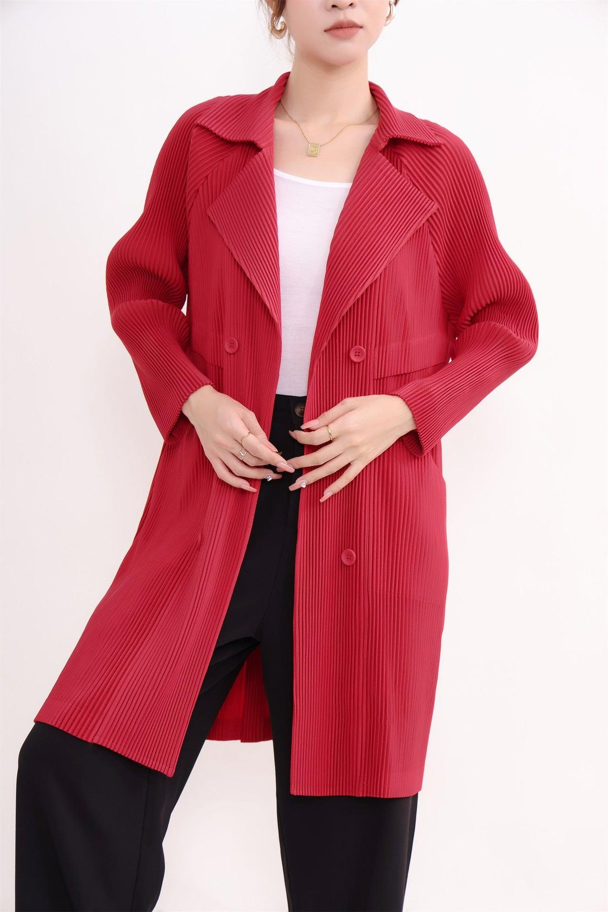 Women’s mid-length striped suit coat in red, double-breasted buttons, notched lapel, side pockets.