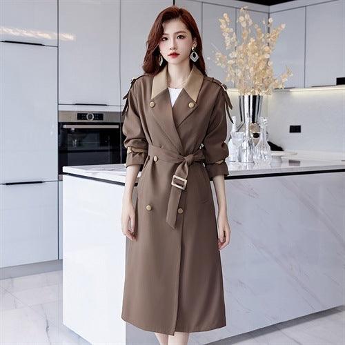 Women's mid-length chocolate trench coat with belted waist and double-breasted front