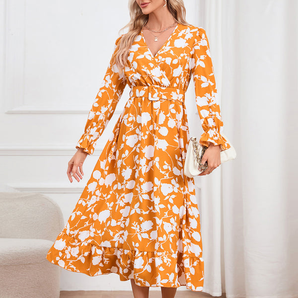 Women's Retro V-neck Printed Dress - WOMONA.COM