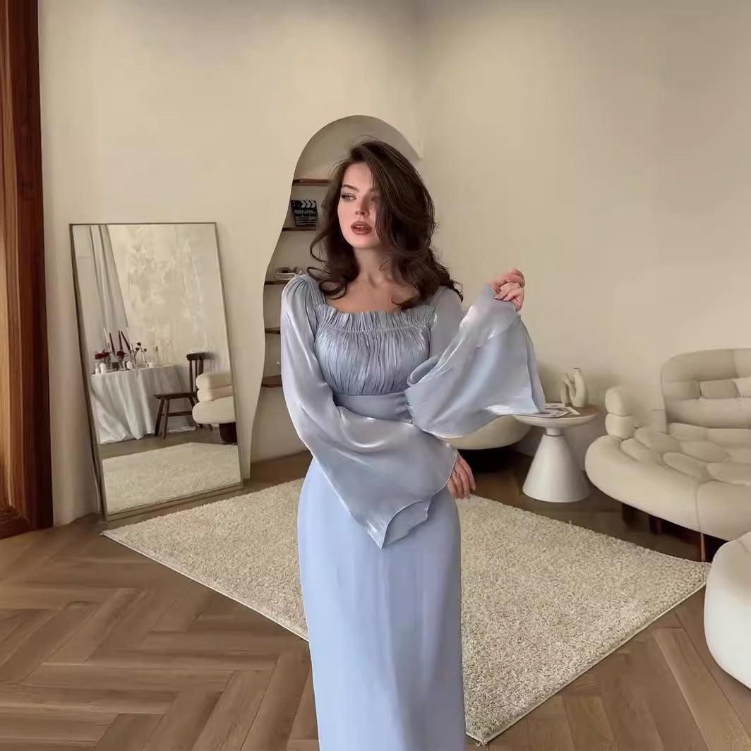 Ruffle Mercerized Solid Color Bell Sleeve Dress - WOMONA.COM