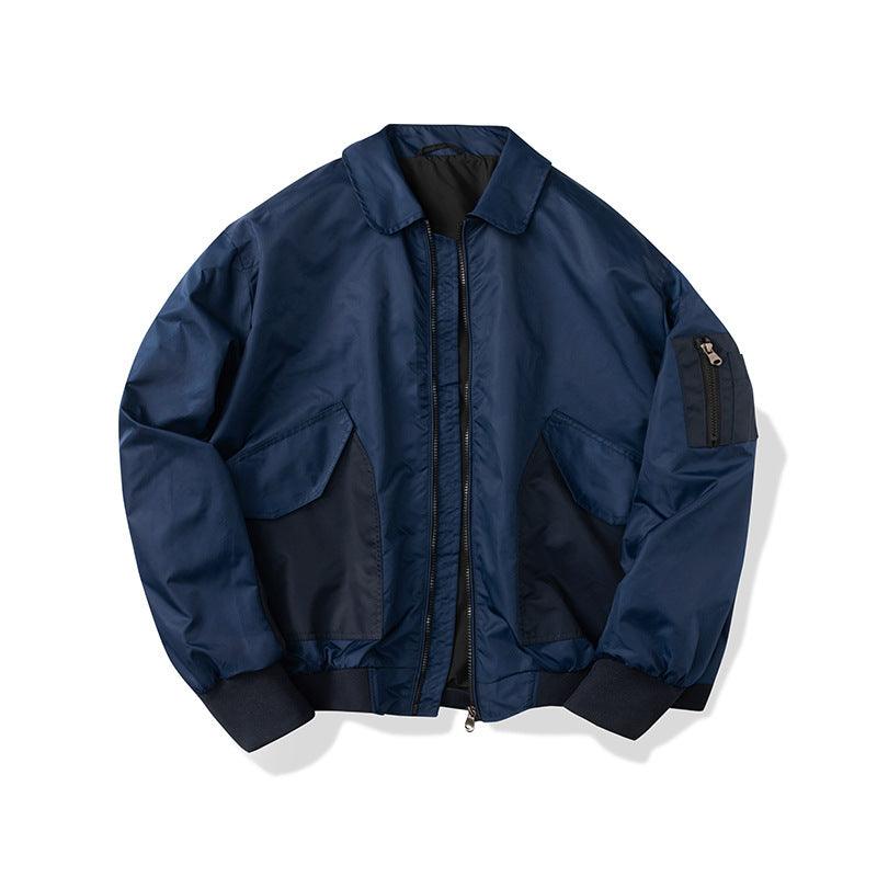 Men's navy baseball jacket with ribbed hem and stand collar, zip front and pockets