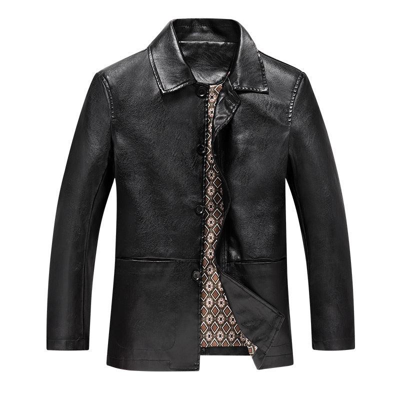 Men’s black leather coat front view with stand collar and diamond-pattern placket.