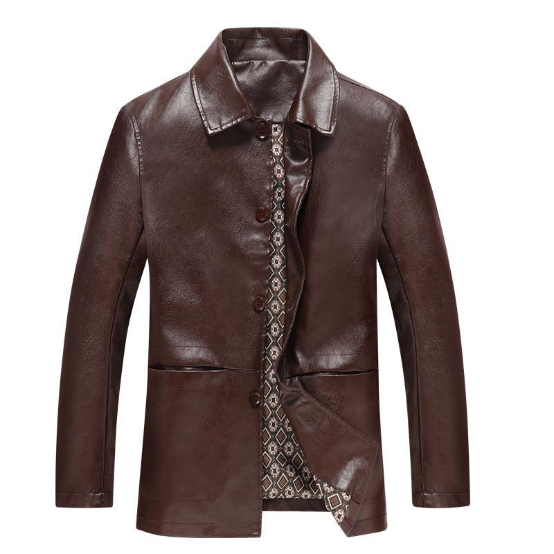 Men’s brown leather coat front view with stand collar and patterned front panel.