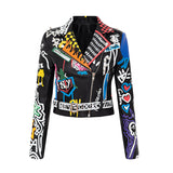 Printed Hit Color Motorcycle Leather Jacket Women's - WOMONA.COM