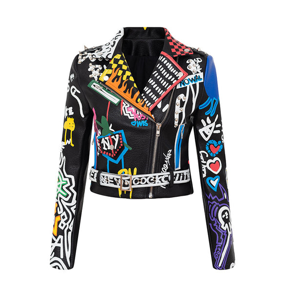 Printed Hit Color Motorcycle Leather Jacket Women's - WOMONA.COM