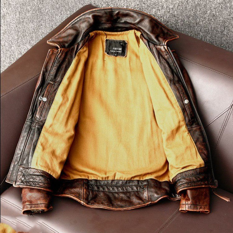 Men's Fashionable Vintage Distressed Cowhide Leather Jacket - WOMONA.COM