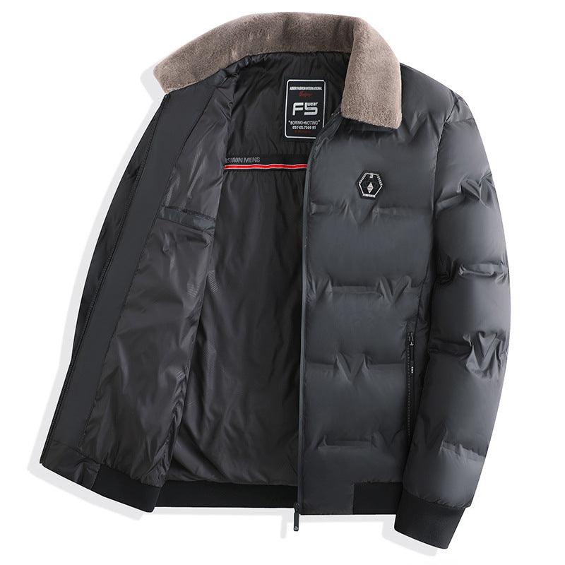 Men's winter cotton-padded coat with faux-fur hood, quilted outer, dark blue and black interior