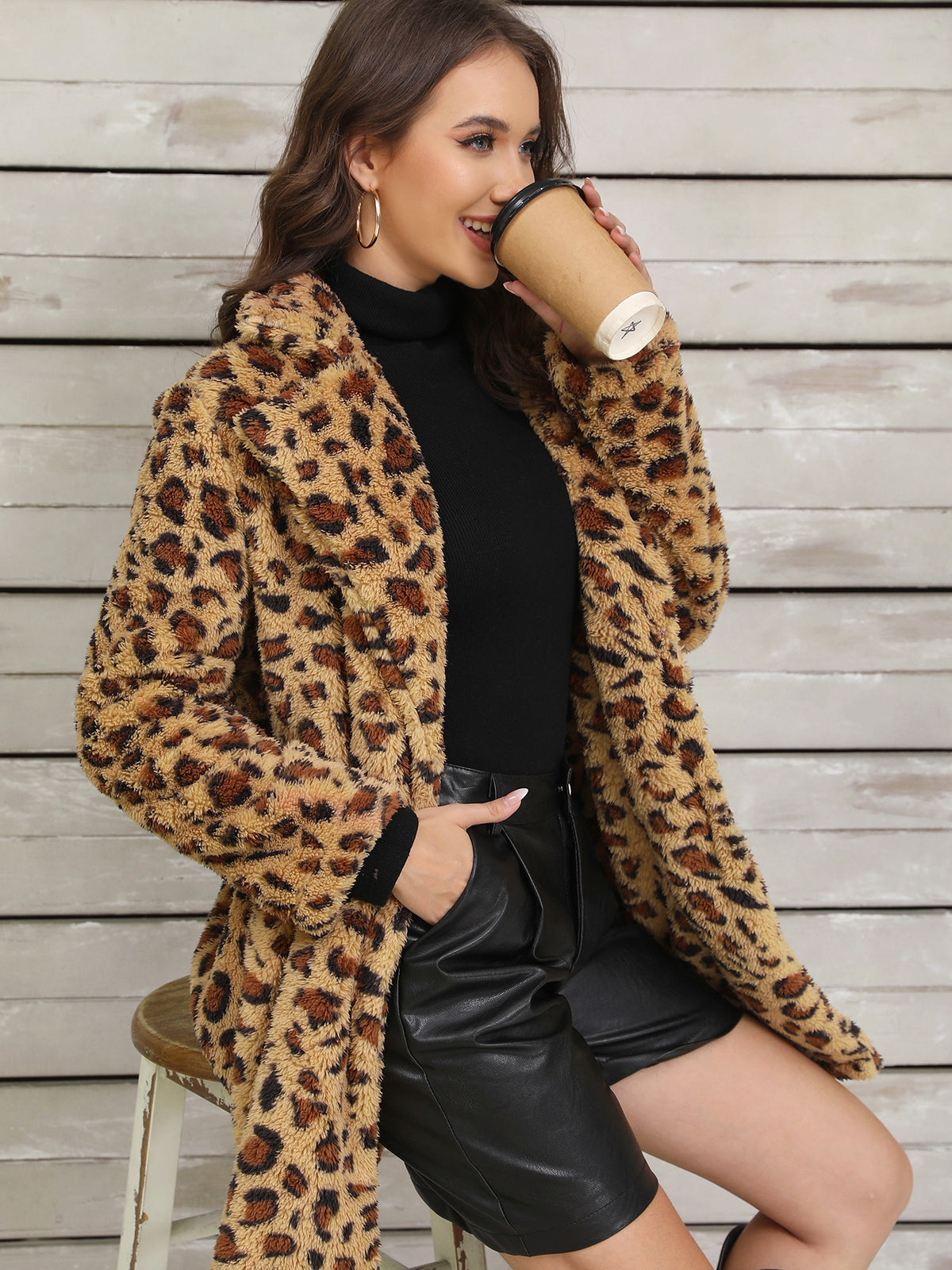 Women's leopard-print plush long-sleeve jacket with open front and stand collar