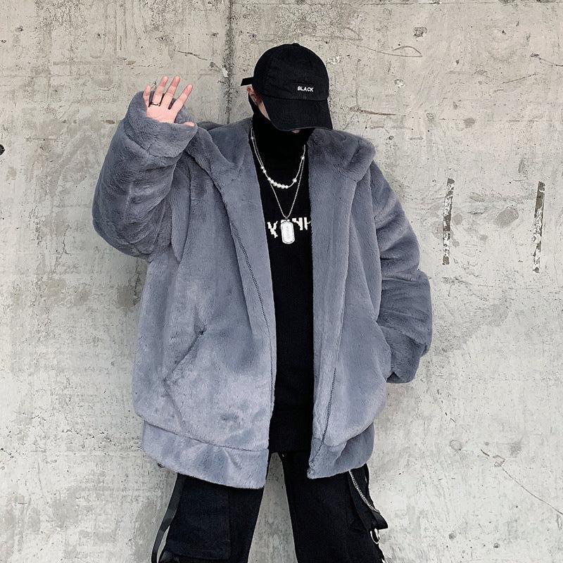 Loose Faux Rabbit Fur Hooded Casual Cotton-padded Jacket - WOMONA.COM