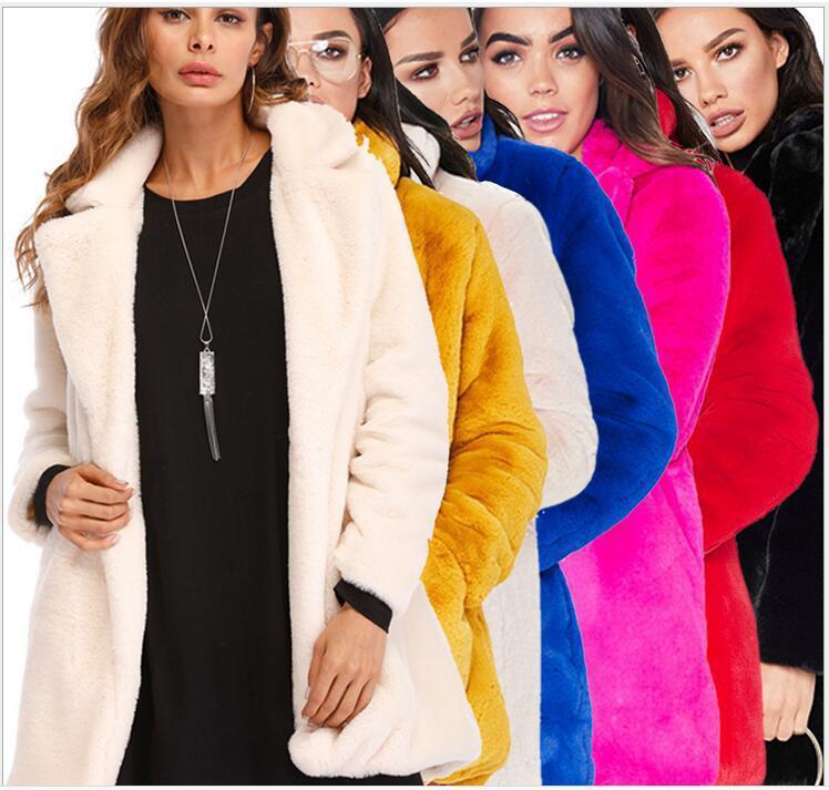 Abrigo de piel sintética para mujer, chaquetas cálidas de manga larga con ondas gruesas, abrigo de talla grande, abrigos de piel de color negro, amarillo, rosa y rojo para invierno