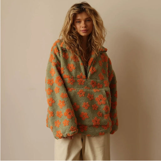 Women's floral zip-neck pocket sweatshirt