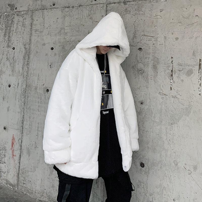 Loose Faux Rabbit Fur Hooded Casual Cotton-padded Jacket - WOMONA.COM