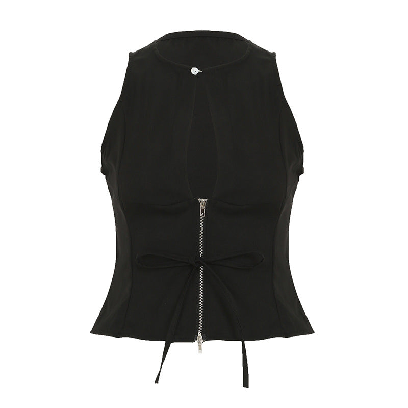 Black sleeveless tank top with front zipper and plunging neckline, drawcord hem