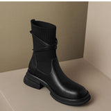 Thick Bottom Chunky Heel Real Soft Leather Round Toe Retro Socks Boots - WOMONA.COM