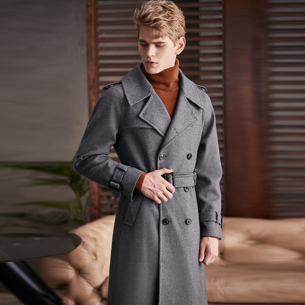 Men's Double Breasted Knee Length Woolen Coat - WOMONA.COM