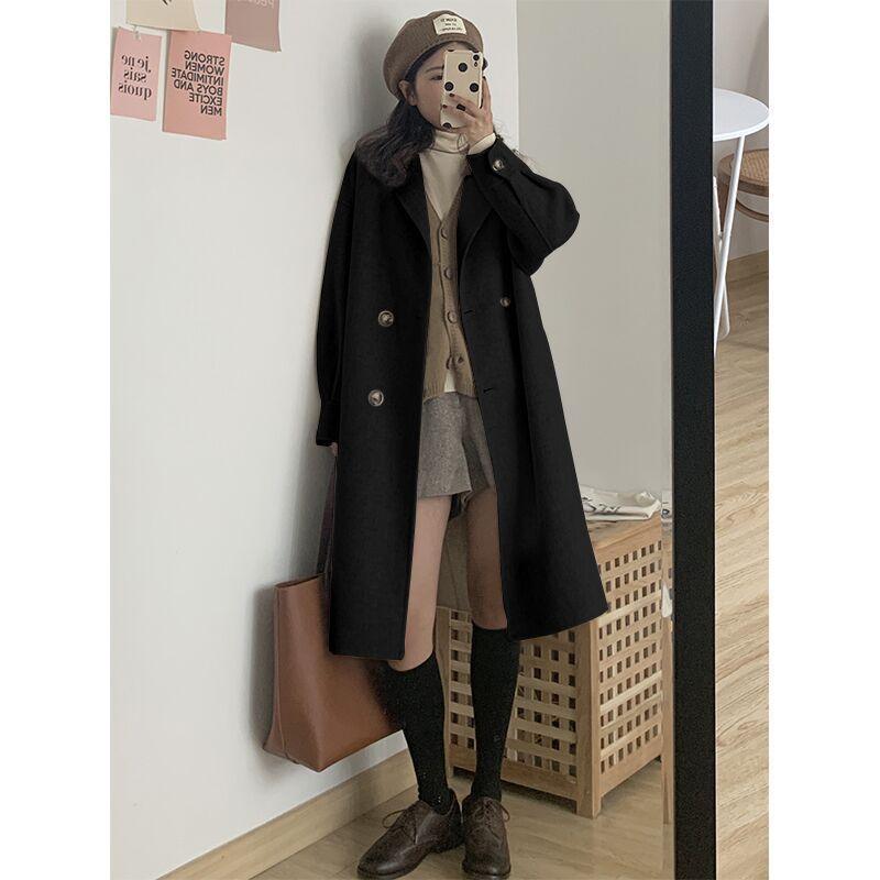 Women's mid-length wool coat in black, oversized fit, double-breasted front