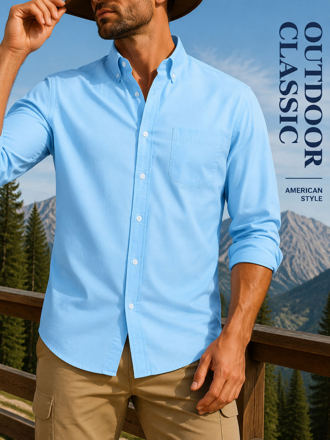 Light blue long-sleeve button-down shirt with chest pocket and collar tips open