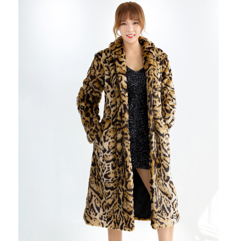 Plus Size Leopard Fur Coat Long Faux Mink Fleece