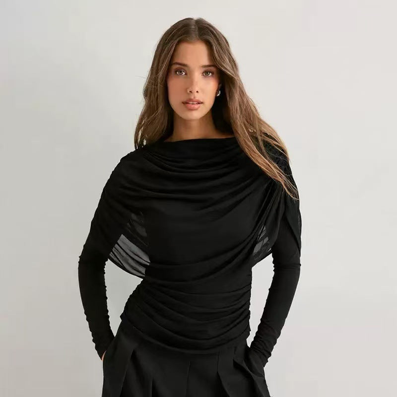 Black turtleneck pleated drape-fit long-sleeve top with gathered collar