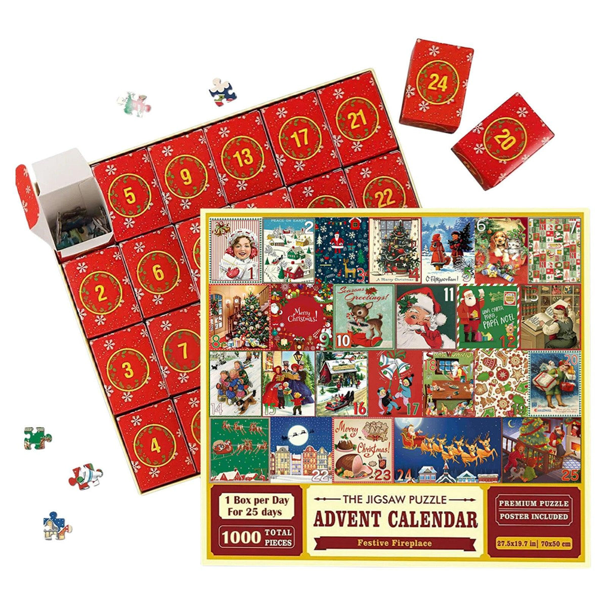 Red Christmas jigsaw advent calendar puzzle with numbered grid and included poster insert