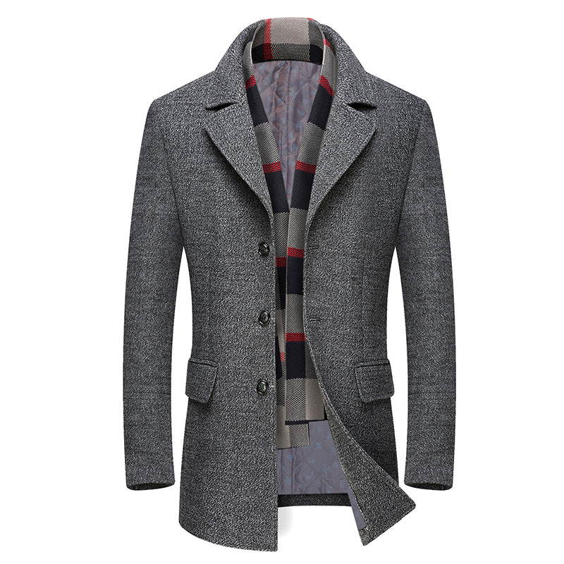 Winter Thick Men Wool Jackets Scarf Detachable Collar Fit Men - WOMONA.COM