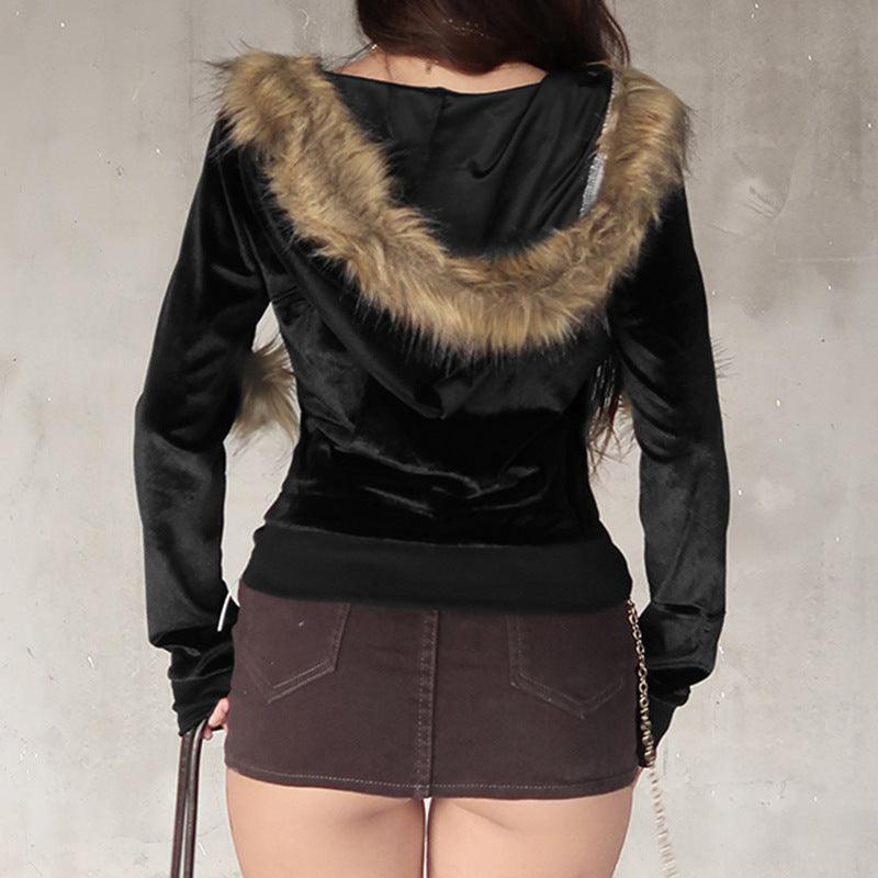 American Style Furry Hooded Velvet Coat For Women