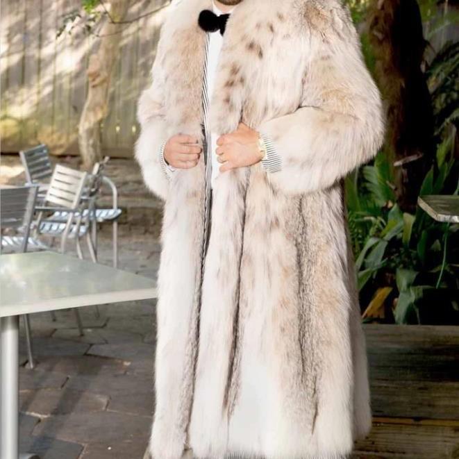 Men's Mid-Length Faux Leather Coat with Faux Fur
