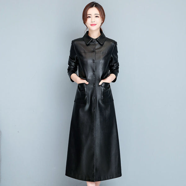 Ladies Fashion Thin Leather Trench Coat Coat