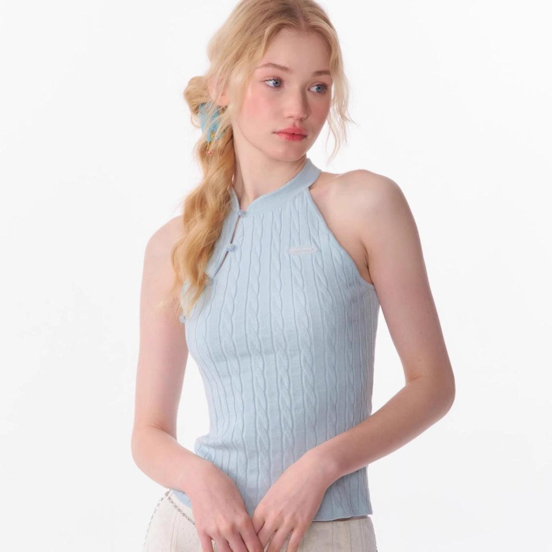 Sleeveless Top Oblique Placket Halter Knitted Vest - WOMONA.COM