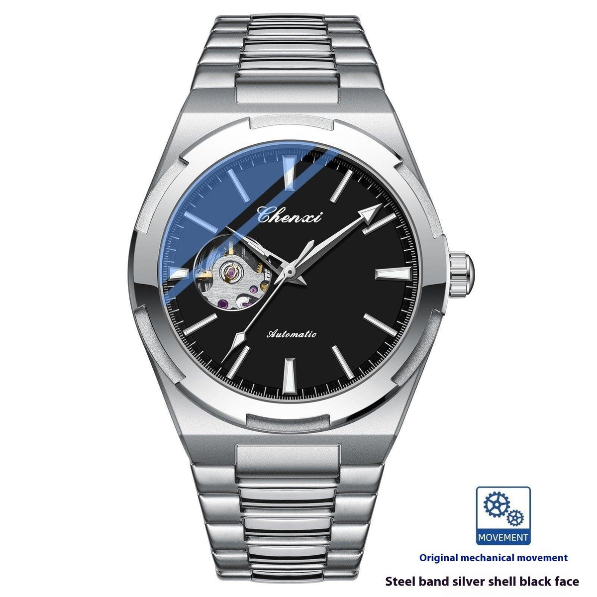 Silver-tone automatic mechanical watch with black dial and blue accents, steel bracelet, Chenxi