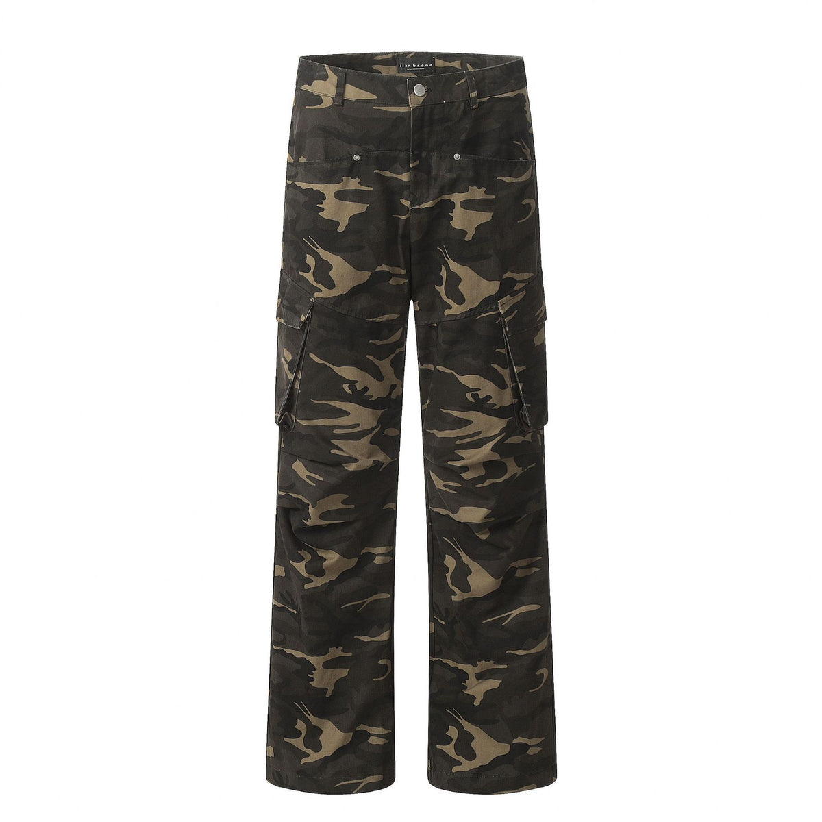 Men's camouflage cargo pants, full front view with multi-pocket cargo styling