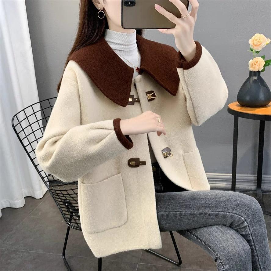 Apricot wool coat with dark brown sailor collar, toggle buttons, flap chest pockets