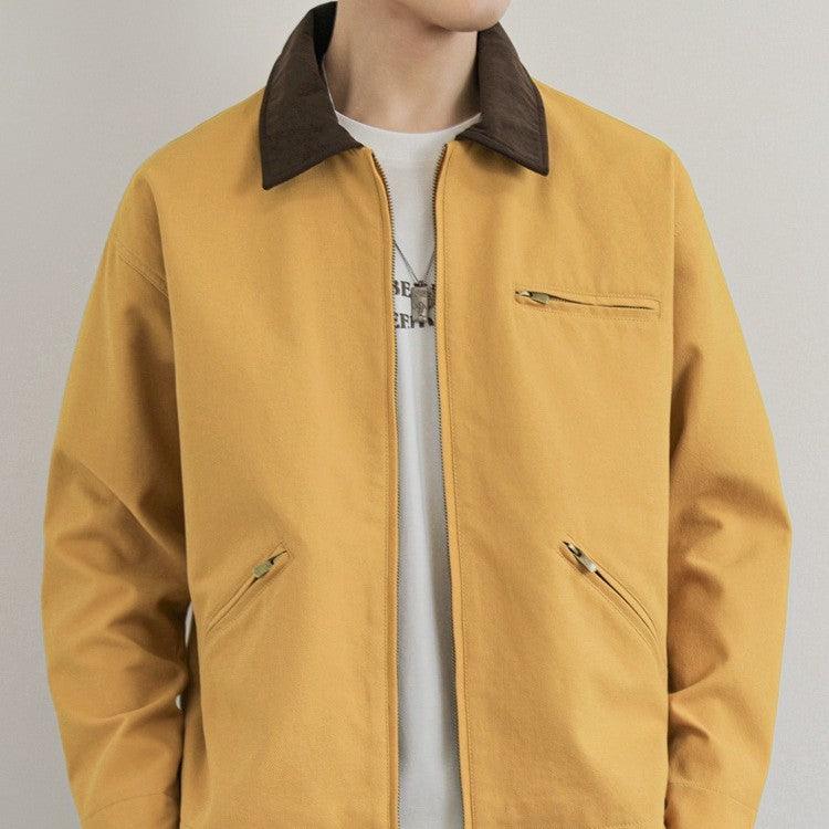 Retro lapel work jacket in mustard-yellow with brown collar and front zipper pockets