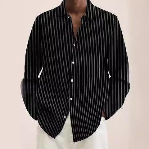 Men's long-sleeve button shirt, black with thin white vertical pinstripes.