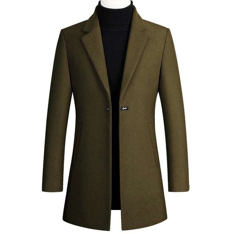 Army green long woolen trench coat with one-button closure and side seam pockets