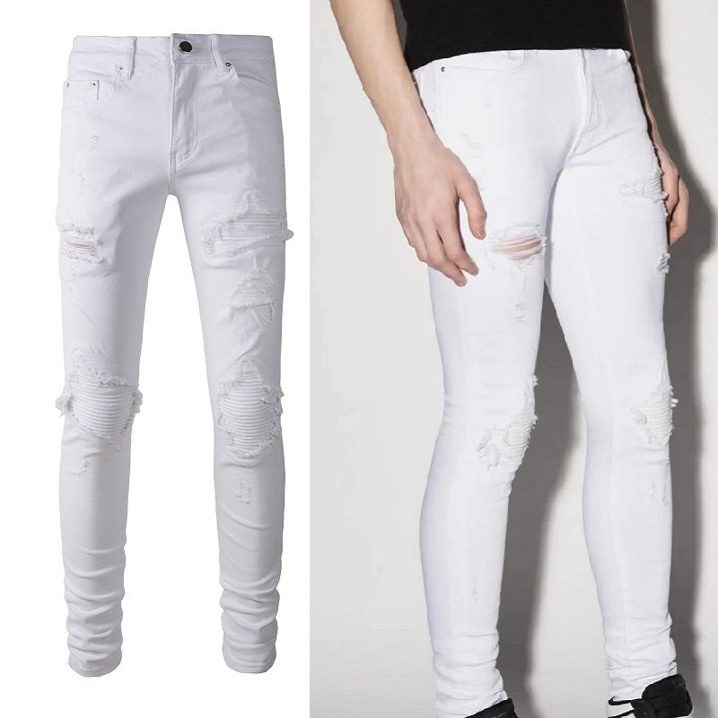 White Patch With Holes In Elastic Small Leg Jeans For Men - WOMONA.COM