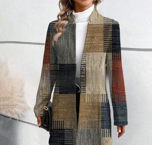 Plaid mid-length trench coat with stand collar, long sleeves, front button closure.
