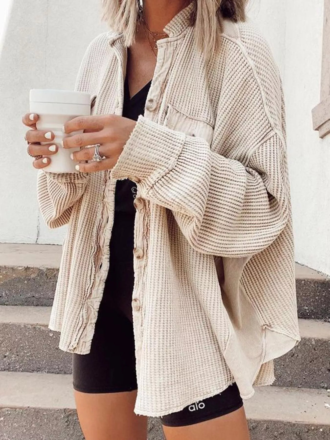 Women's Oversized Waffle Knit Button-Up Jacket