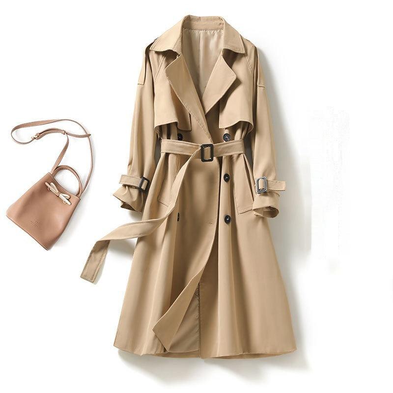 Women's mid-length khaki trench coat, notched lapels, button front, waist belt