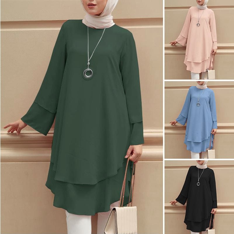 Army green long-sleeve tunic dress top with draped hem and round neckline