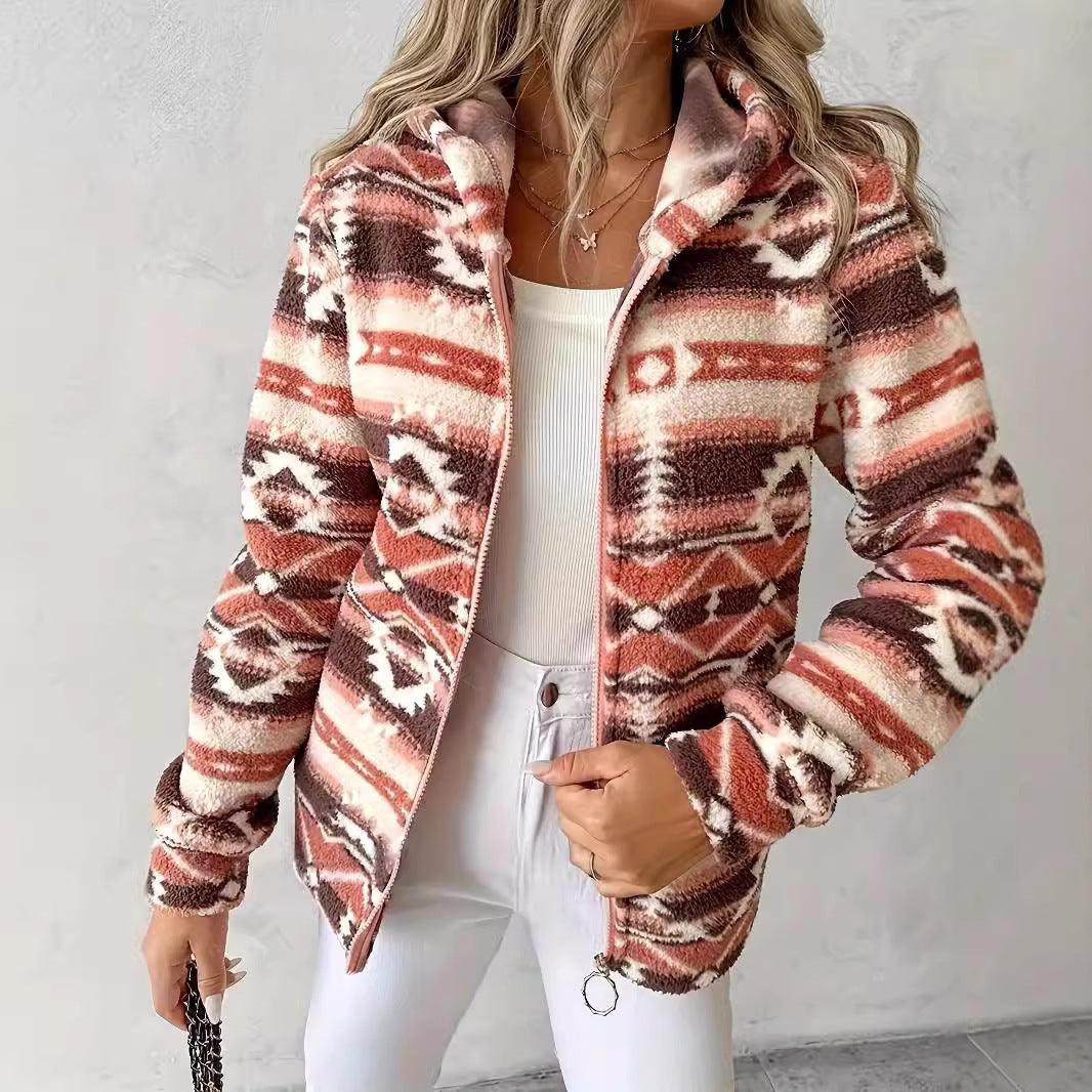 Geometric print hooded zip-up jacket in orange-red fleece with long sleeves