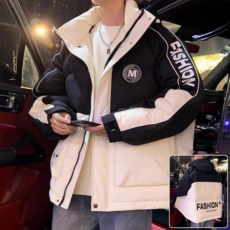 Black thick hooded jacket with white lining, snap front, sleeve 'FASHION' logo patch